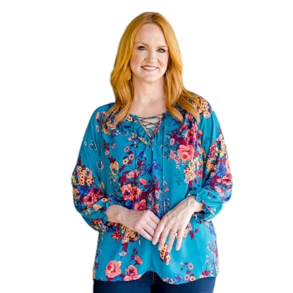 The Pioneer Woman Blue Floral 3/4 Sleeve Pheasant Top